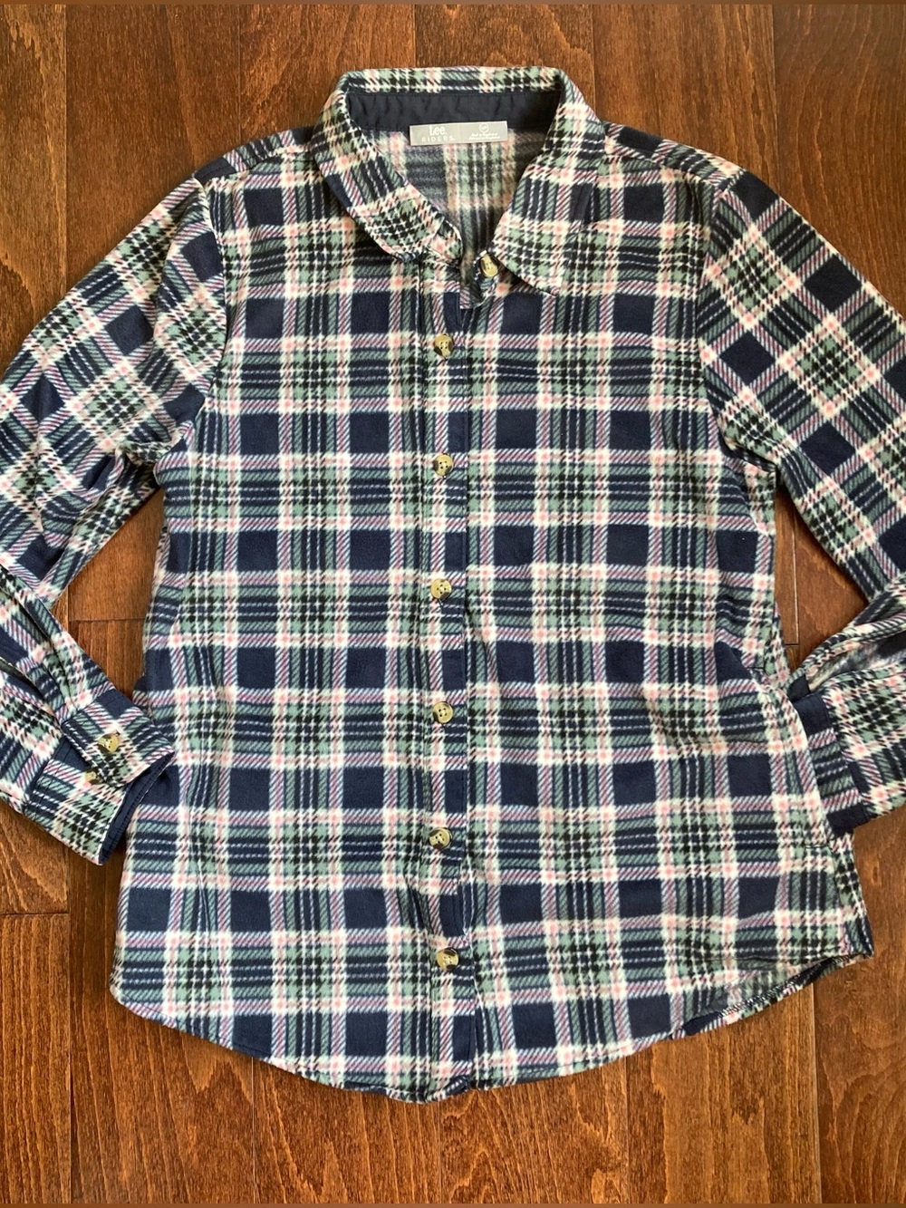 Lee Riders Womens Size SMALL S Polar Fleece Button Up Top Blue Green Pink Plaid